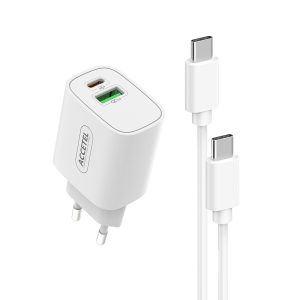 AC827 Cargador Pared Carga Rápida USB-C+USB-A QC3.0/PD 20W - Cable USB-C a USB-C