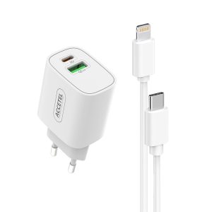 AC823 Cargador Pared Carga Rápida USB-C+USB-A QC3.0/PD 20W - Cable USB-C a Lightning
