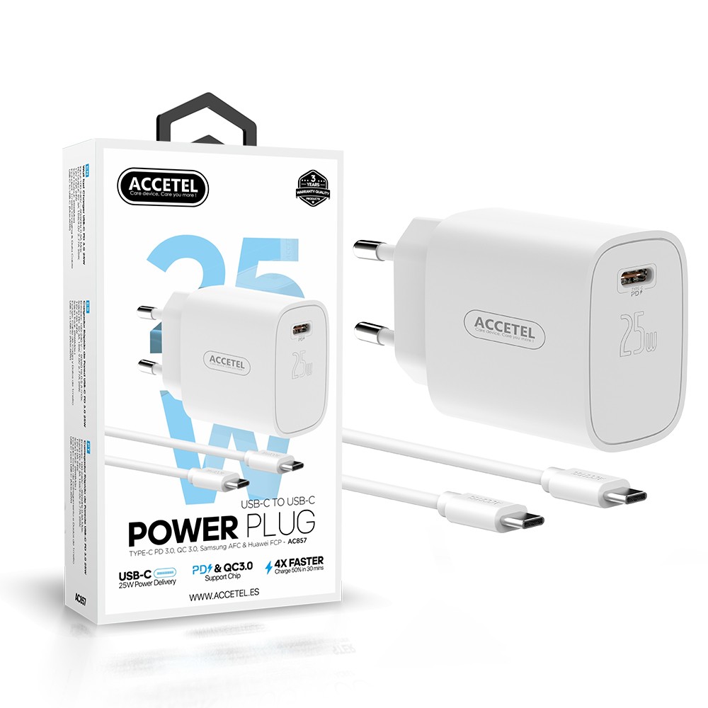 AC857 Cargador Pared Carga Rápida PD 25W - Cable USB-C a USB-C - Imagen 2