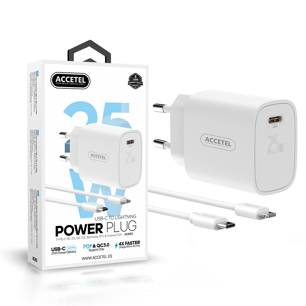 AC853 Cargador Pared Carga Rápida PD 25W - Cable USB-C a Lightning - Imagen 2