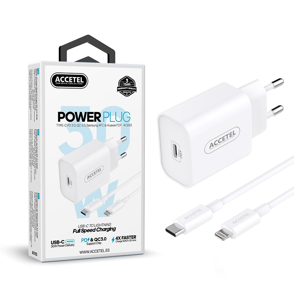 AC933 Cargador Pared Carga Rápida PD 30W - Cable USB-C a Lightning - Imagen 2