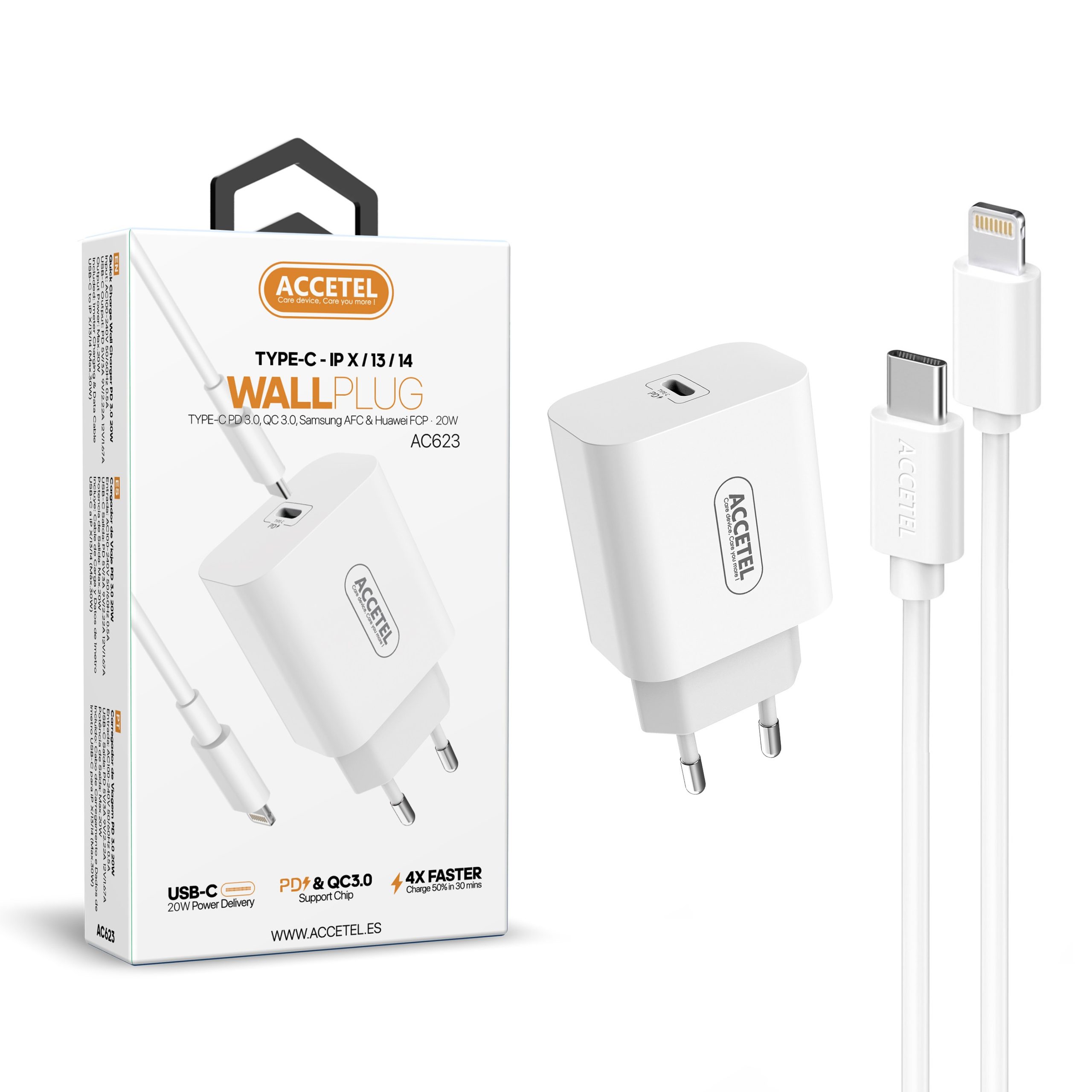 AC623 Cargador Pared Carga Rápida PD 20W - Cable USB-C a Lightning - Imagen 2