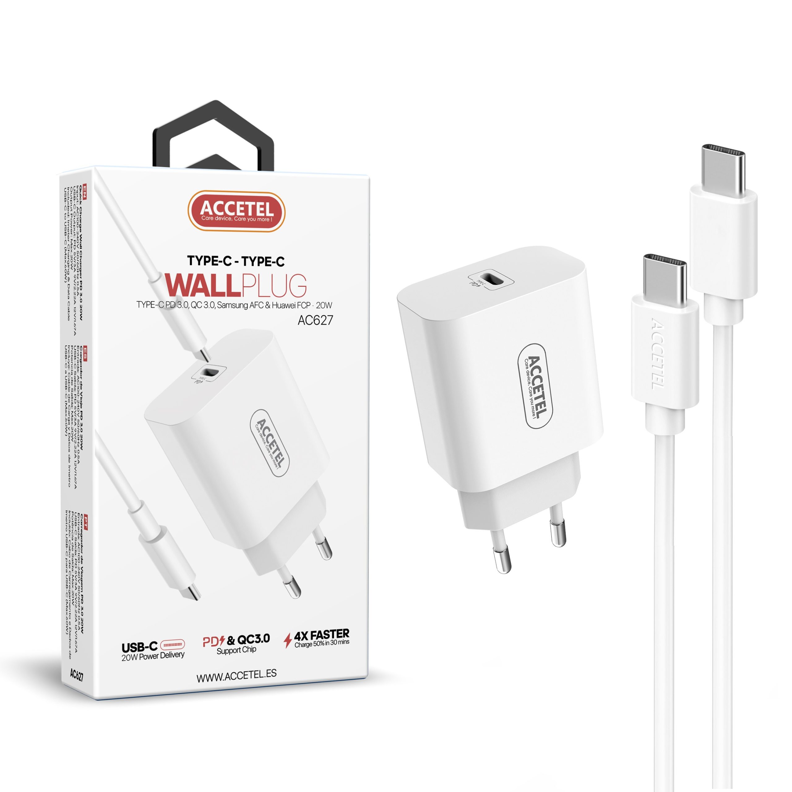 AC627 Cargador Pared Carga Rápida PD 20W - Cable USB-C a USB-C - Imagen 2