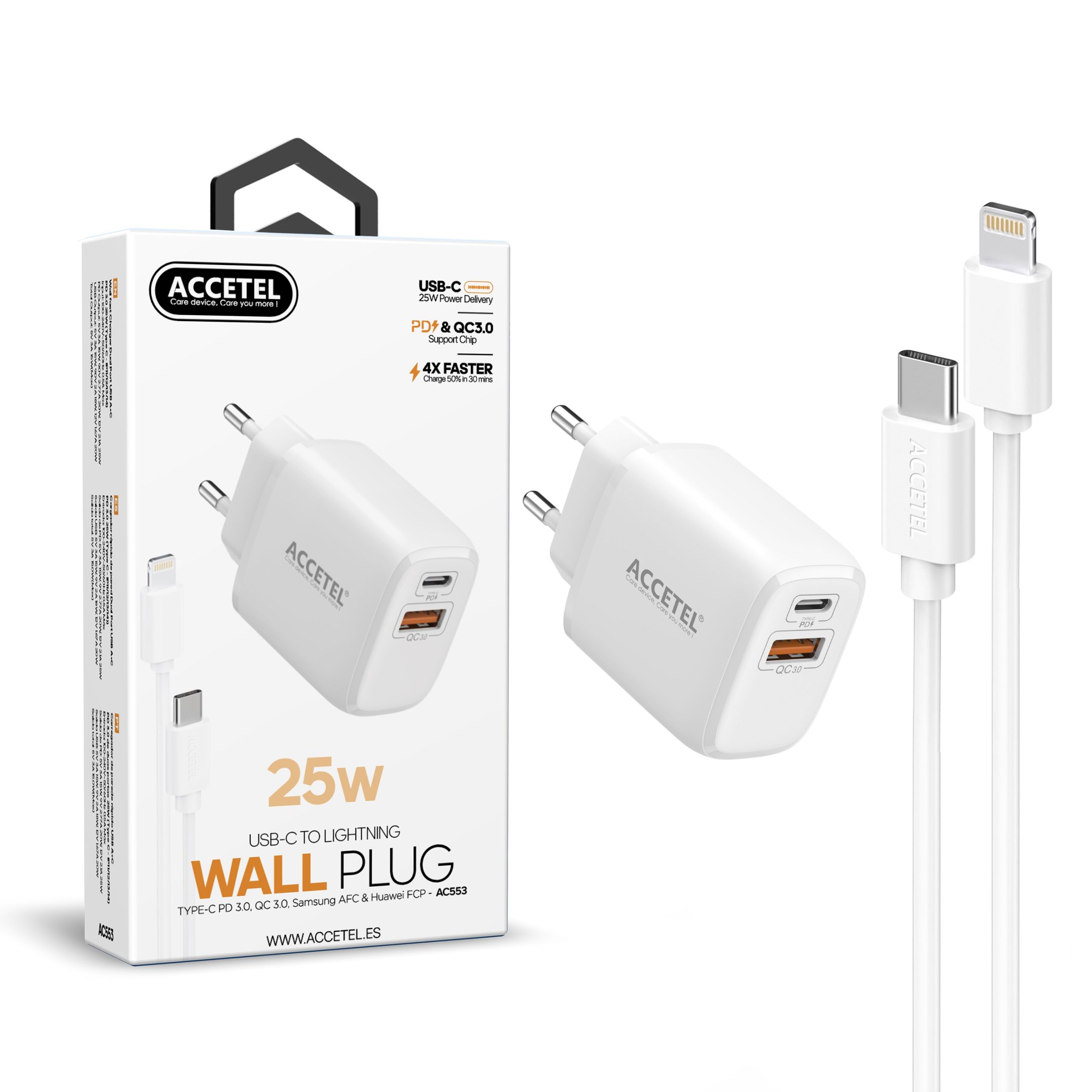 AC553 Cargador Pared Carga Rápida 25W QC/PD 3.0 - Cable USB-C a Lightning - Imagen 2