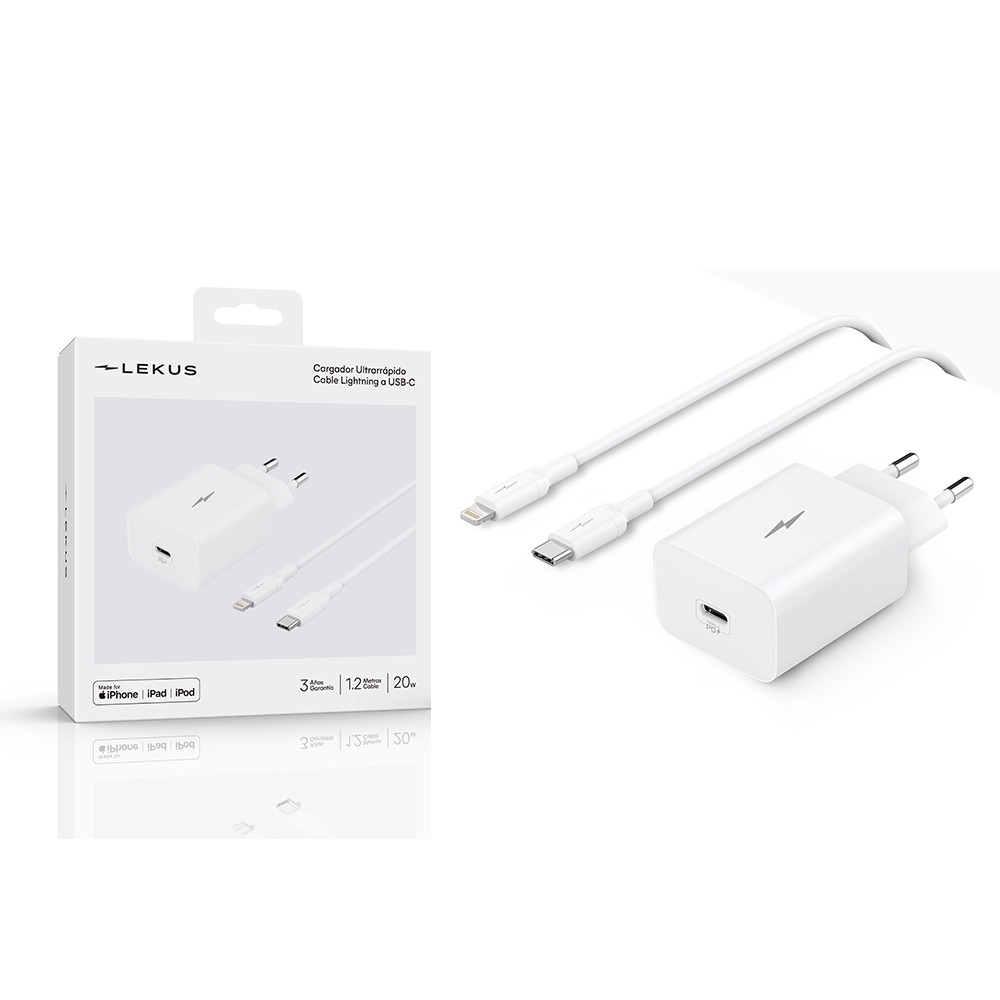 Lekus Cargador + Cable (USB-C + Lightning) MFI PD 20W 1.2M - Imagen 2