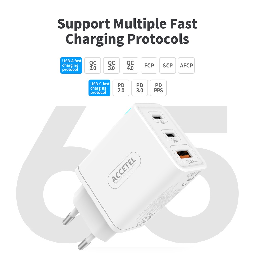AC965W Cargador Pared Carga Rápida USB-C+USB-A QC 3.0 PD 65W - Imagen 3