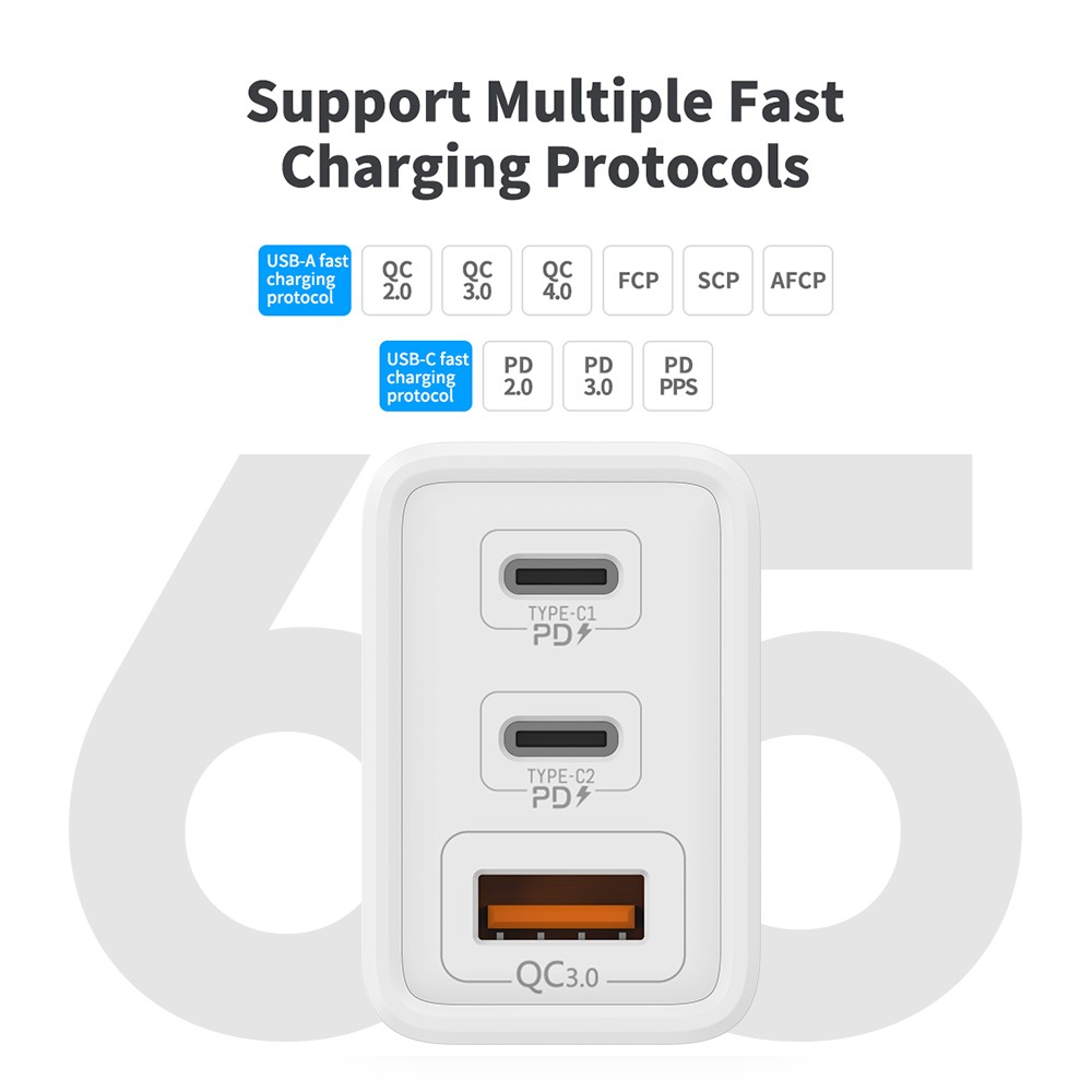 AC965W Cargador Pared Carga Rápida USB-C+USB-A QC 3.0 PD 65W - Imagen 4