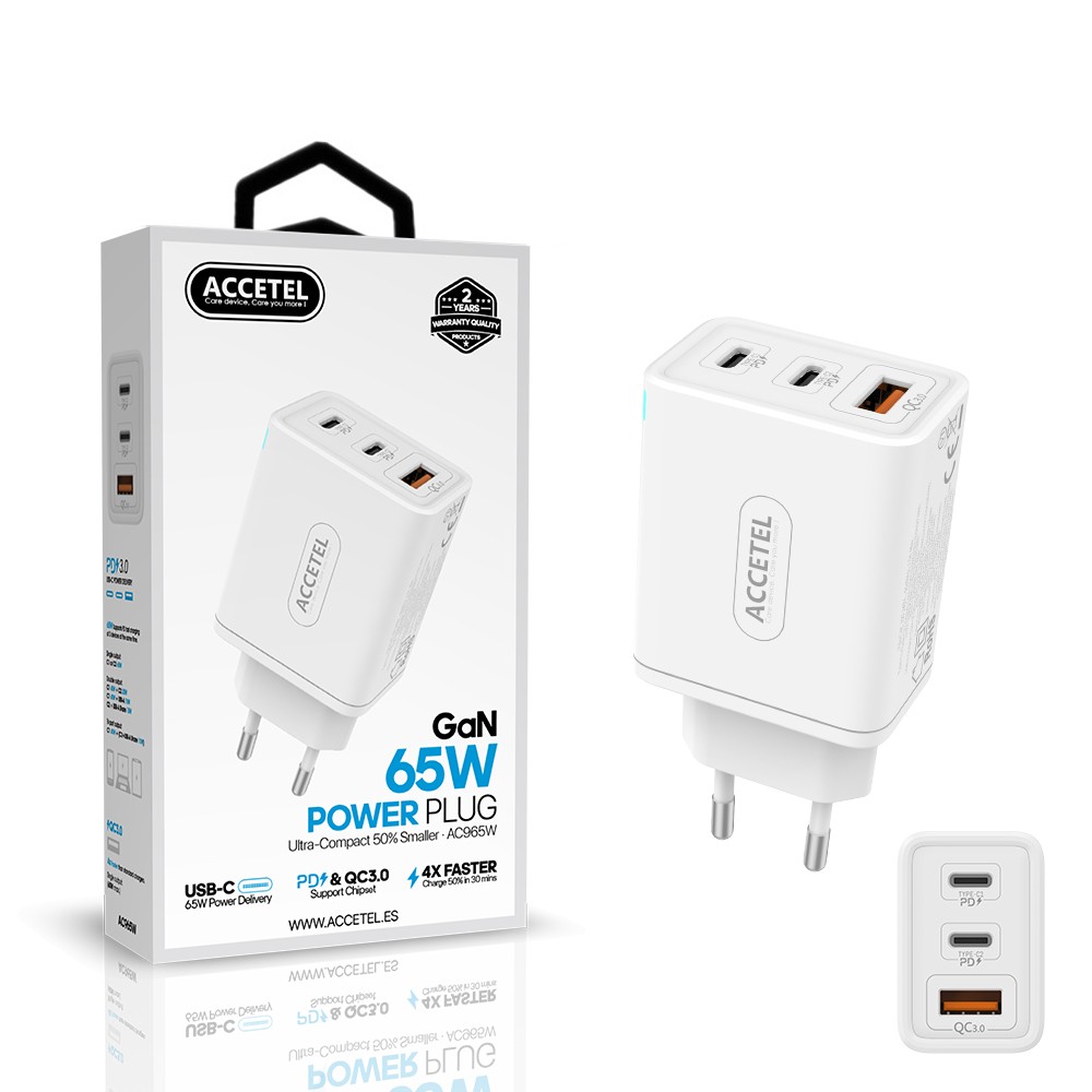 AC965W Cargador Pared Carga Rápida USB-C+USB-A QC 3.0 PD 65W - Imagen 2